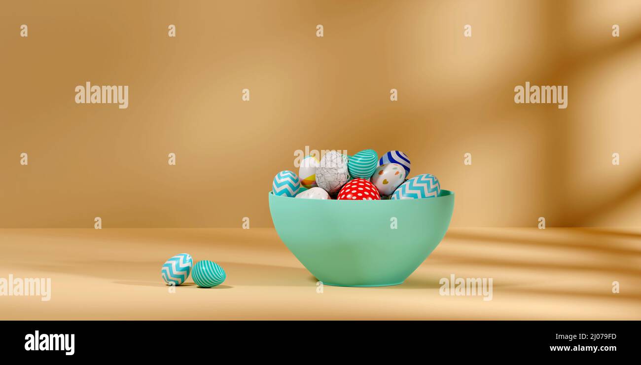 Stapel farbiger ostereier auf einer Schüssel.3D Render Stockfoto