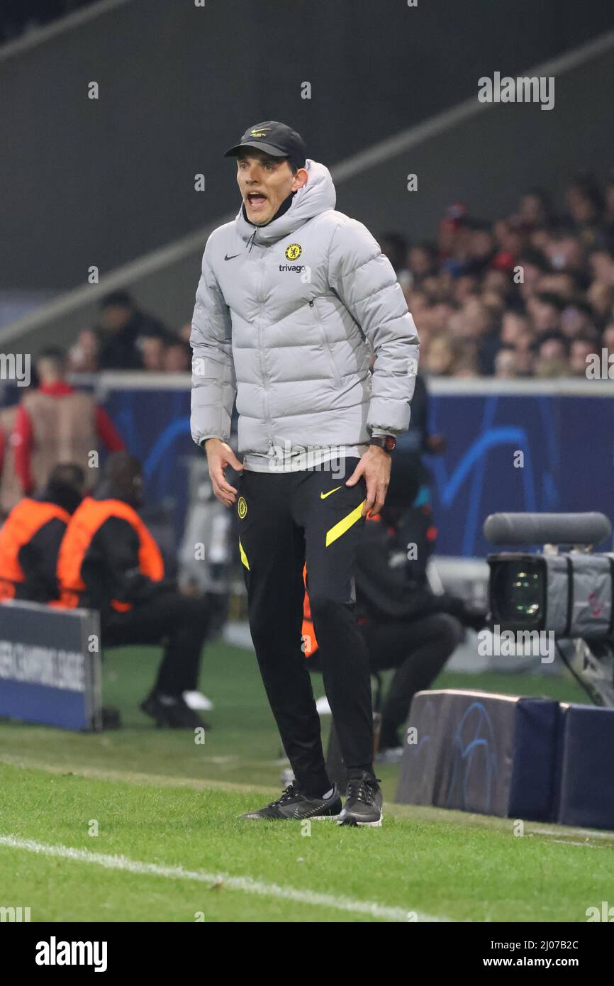 Thomas Tuchel Trainer Chelsea während der UEFA Champions League, Runde 16, 2.-Bein-Fußballspiel zwischen LOSC Lille und Chelsea am 16. März 2022 im Pierre-Mauroy-Stadion in Villeneuve-d'Ascq, Frankreich - Foto: Laurent Sanson/DPPI/LiveMedia Stockfoto