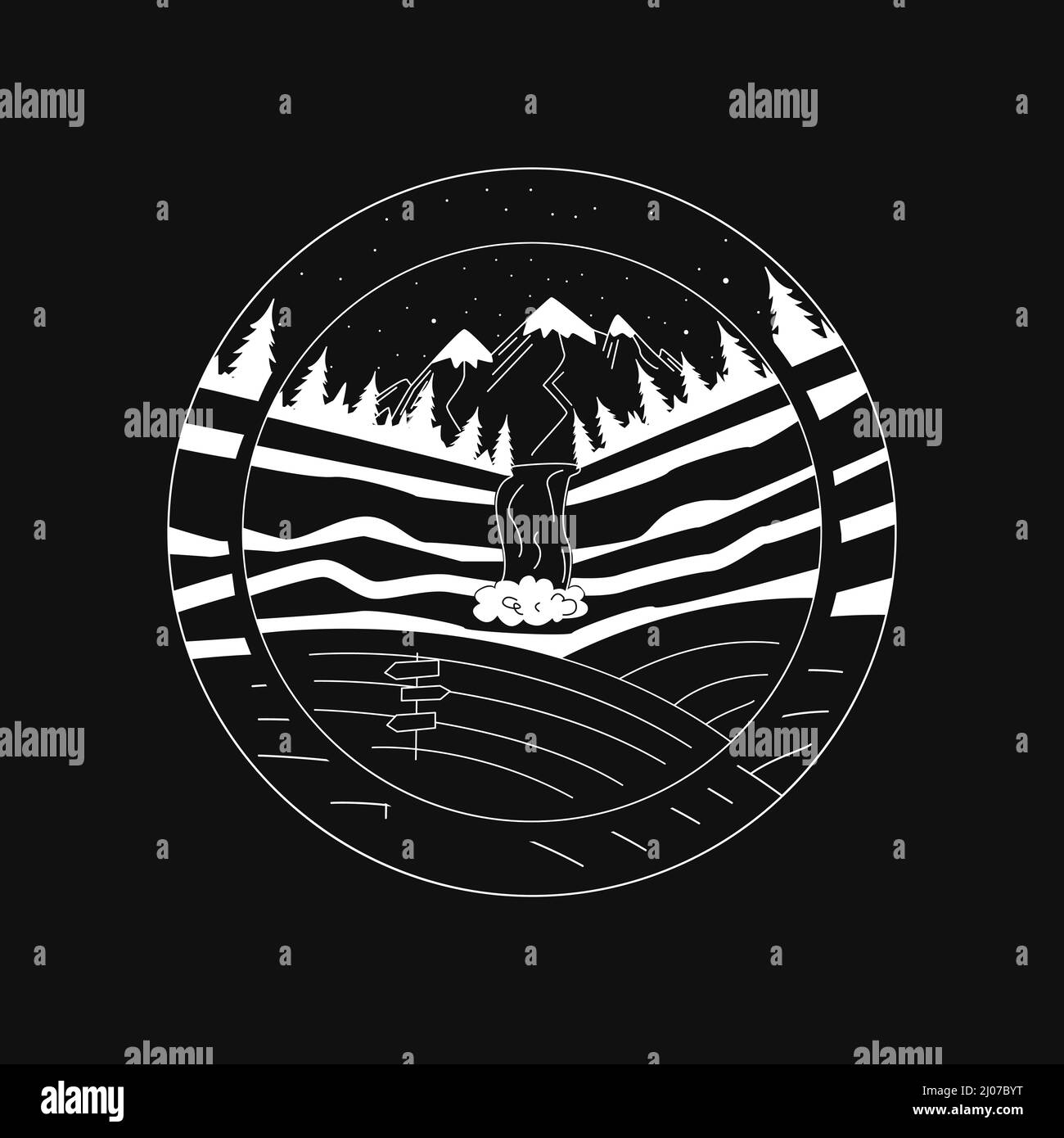 Ein handgezeichnetes Abzeichen mit Bergen und einem Wasserfall. Campingkonzept. Skizzieren Sie Vektorgrafiken für T-Shirt-Drucke, Poster und andere Verwendungszwecke. Stock Vektor