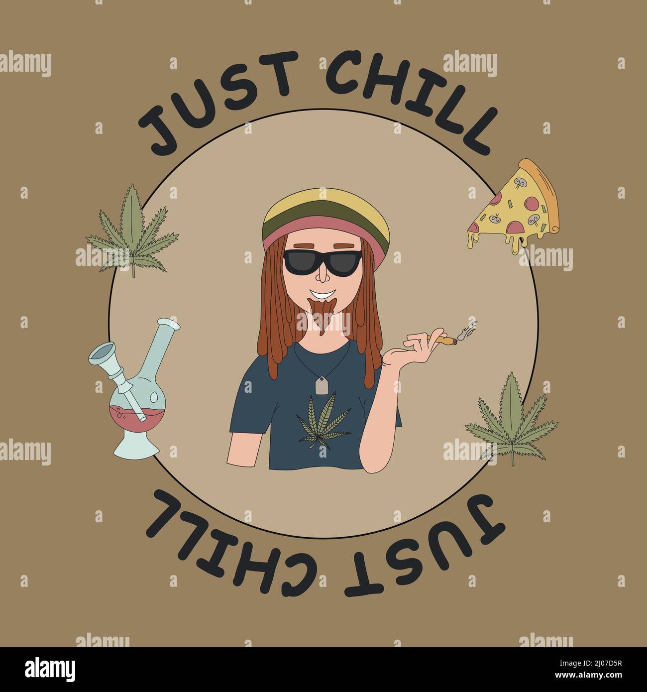 Rastafarian, Marihuanablätter, Pizza und die Inschrift EINFACH NUR CHILLEN. Flache Vektorgrafiken für T-Shirt-Drucke, Poster und andere Verwendungszwecke. Stock Vektor