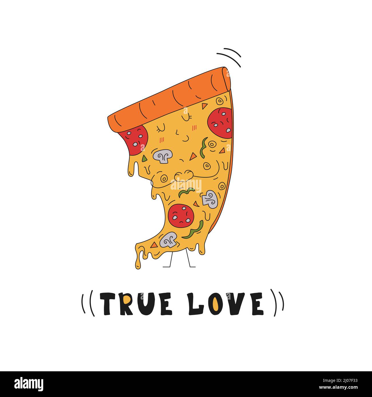 Ein Stück Pizza-Charakter im Doodle-Stil und die Inschrift WAHRE LIEBE. Handgezeichnete Vektorgrafik. Stock Vektor
