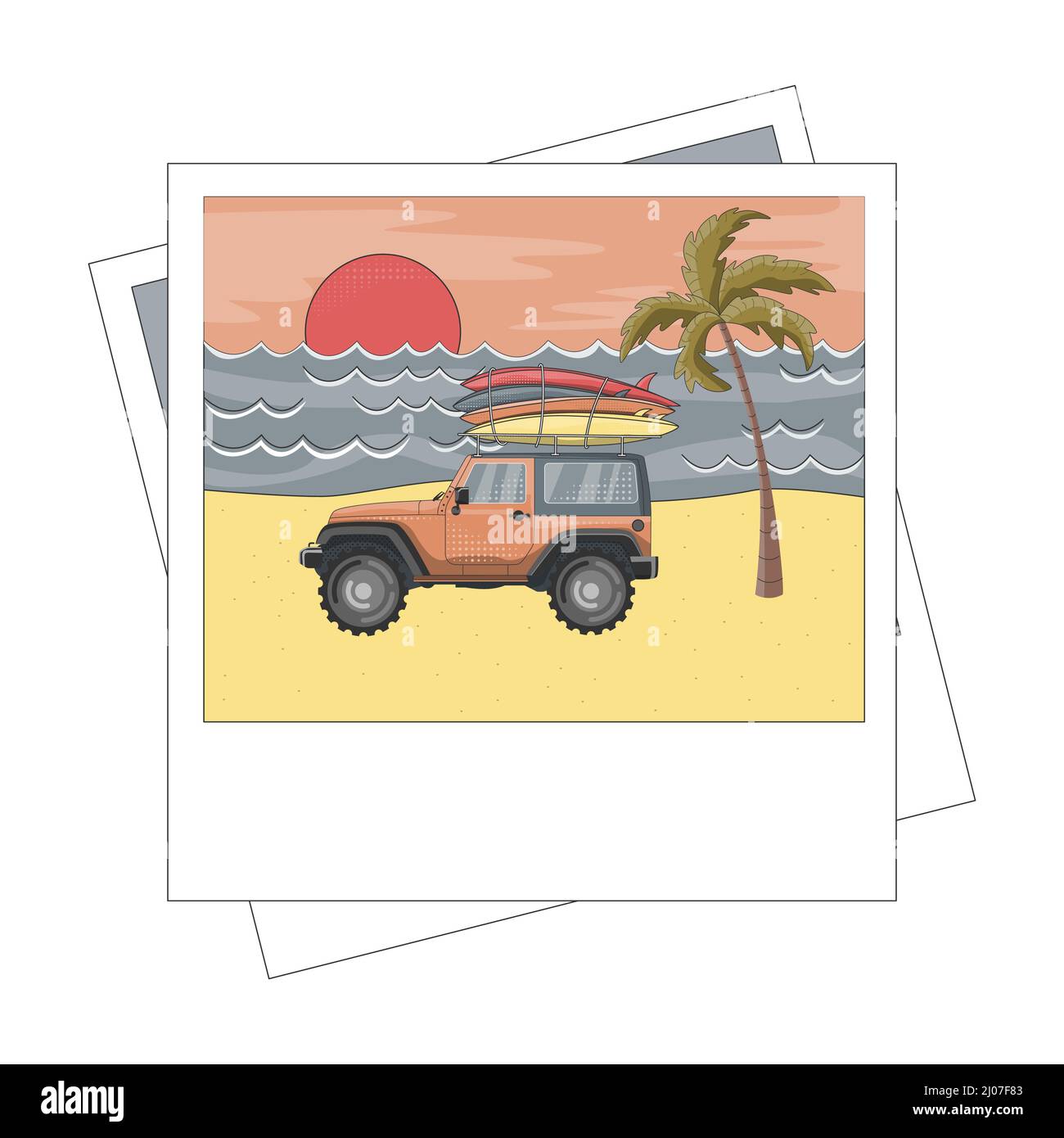 Auto mit Surfbrettern am Meer, Palmen und Sonnenuntergang. Flache Vektordarstellung im Fotozonenrahmen. Stock Vektor