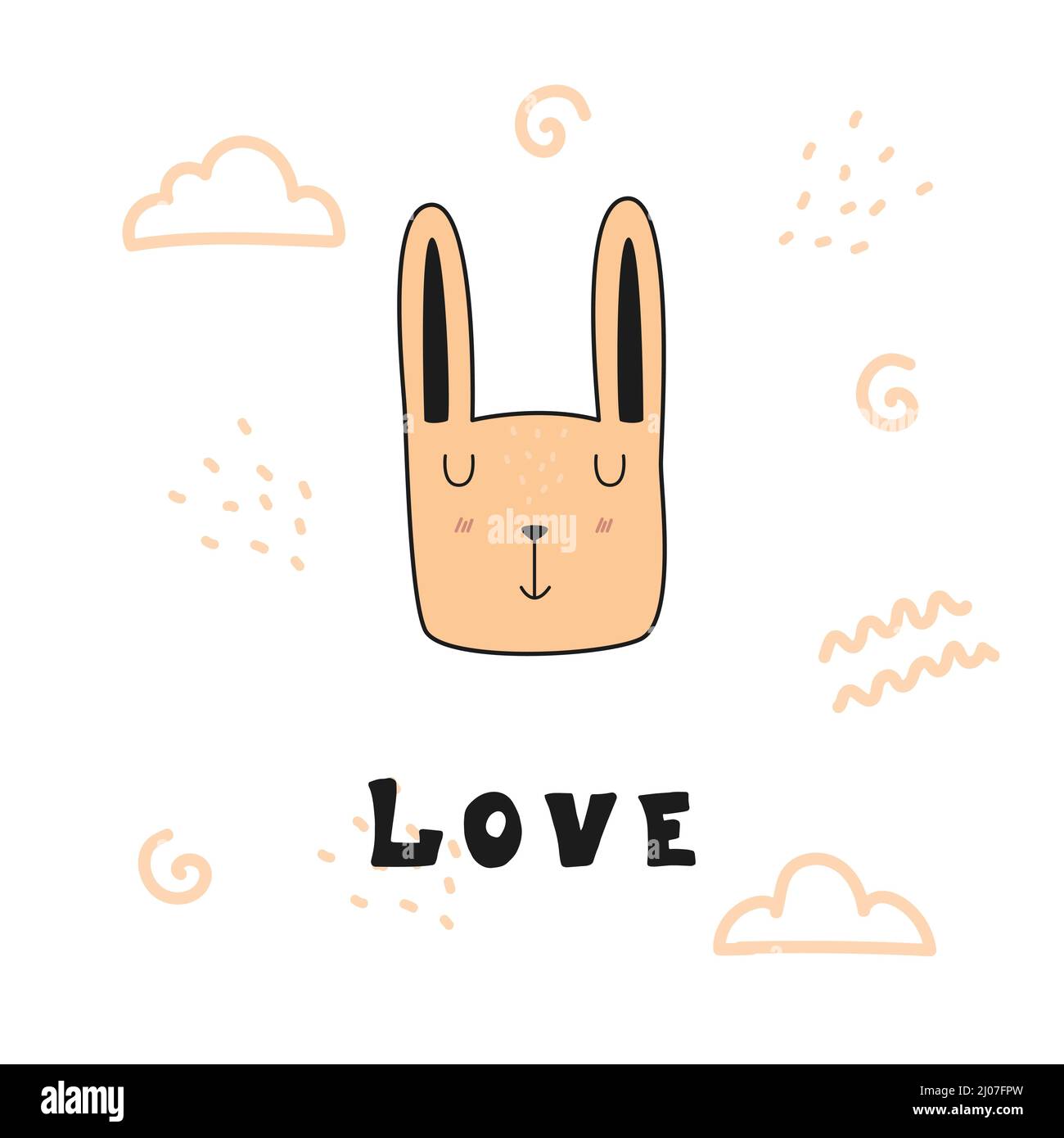 Niedliche Schnauze eines Hasen und die Inschrift LIEBE. Kawaii-Doodle-Illustration Stock Vektor