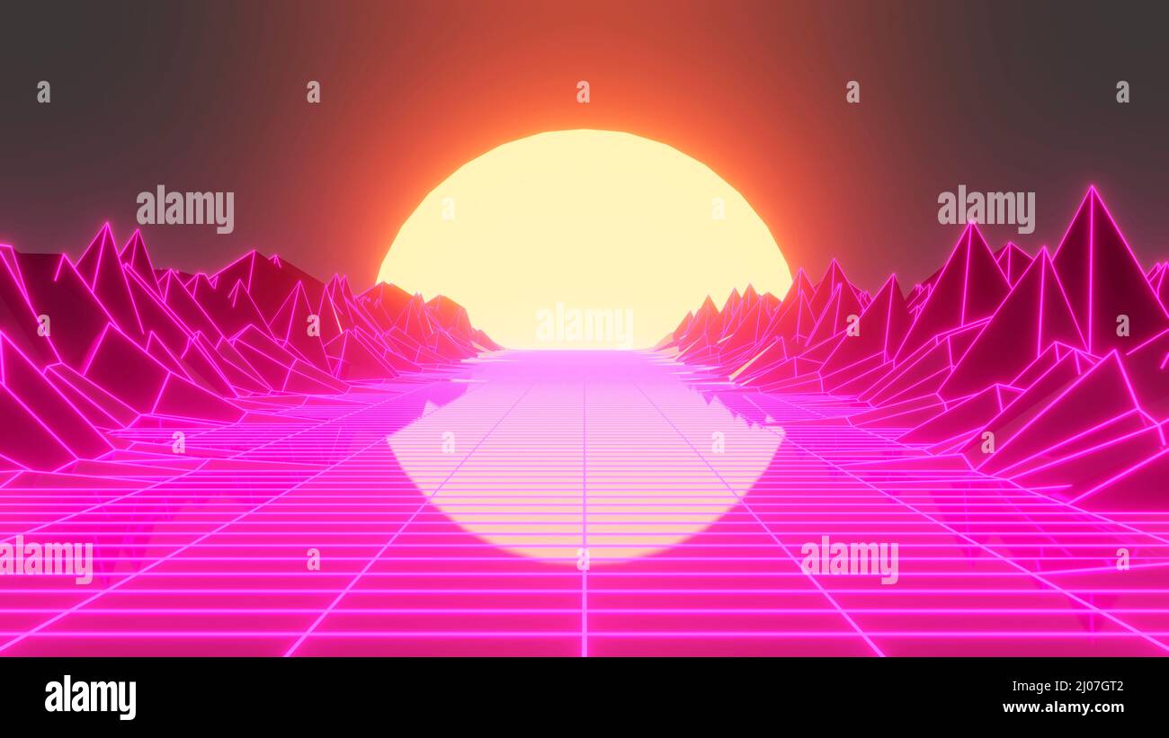 Neon-Sonnenuntergang im Retro-Stil. Vaporwave vintage 3D Neon Landschaft.3D Render Stockfoto