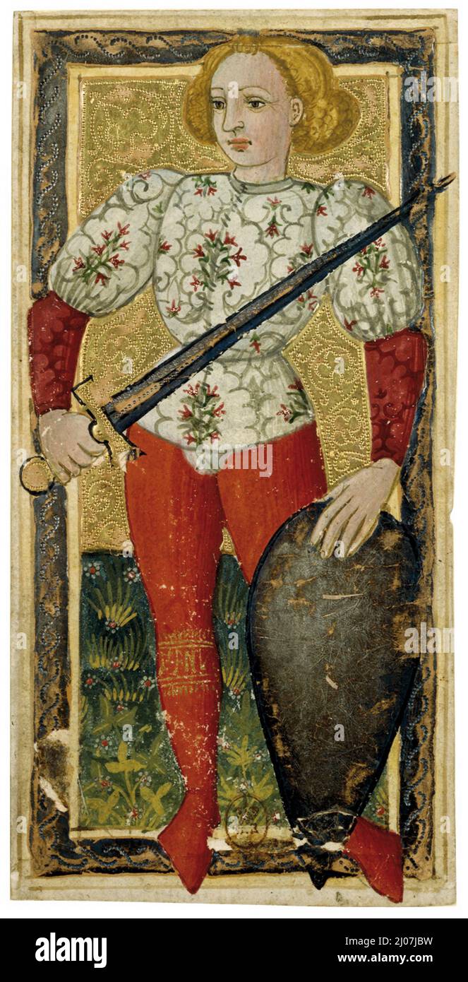 Seite der Schwerter. Karl VI. Tarot. MUSEUM: BIBLIOTHEQUE NATIONALE DE FRANCE. Autor: Apollonio di Giovanni di Tommaso. Stockfoto