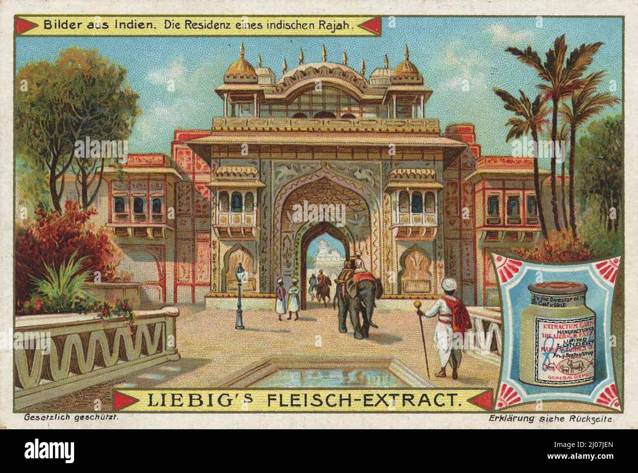 Serie Bilder aus Indien, die Residenz eines indischen Rajah / Serie Bilder aus Indien, die Residenz eines indischen Rajah, Liebigbild, digital verbesserte Reproduktion eines Sammelbildes der Firma Liebig, geschätzt ab 1900, pd / digital restaurierte Produktion eines Sammelbildes von ca 1900, gemeinfrei Stockfoto