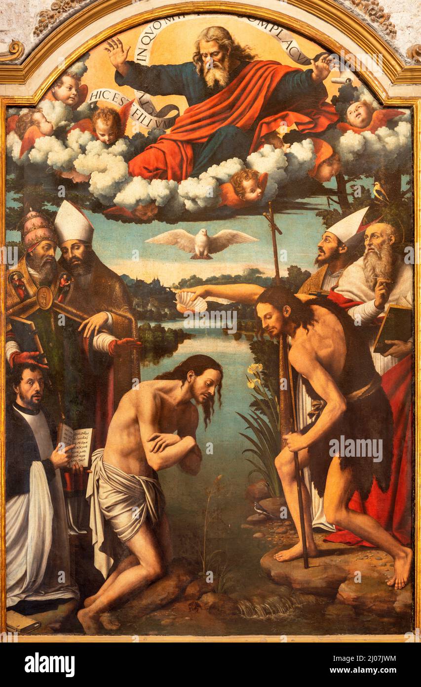 VALENCIA, SPANIEN - 14. FEBRUAR 2022: Das Gemälde der Taufe Jesu in der Kathedrale - Basilika Mariä Himmelfahrt von Vicente Macip Stockfoto