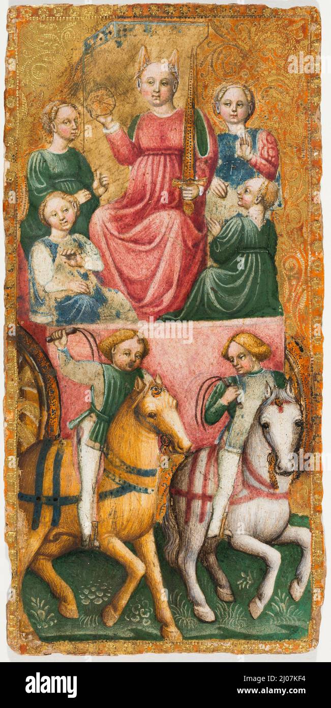 Die Chariot Tarot-Karte. Museum: Musée Français de la Carte à Jouer. Autor: Maître du Chariot d? Issy. Stockfoto