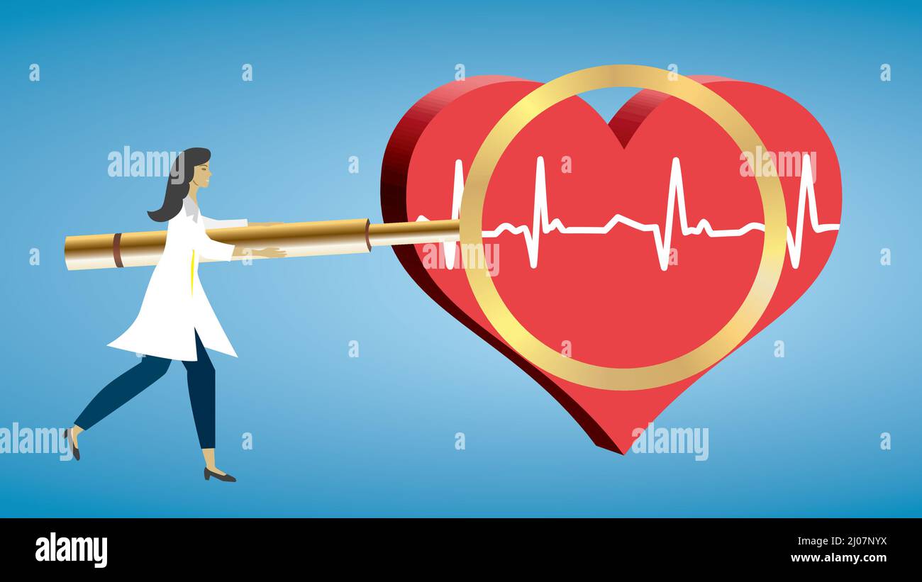 Eine Frau mit einer großen Lupe untersucht das Herz mit einem Elektrokardiogramm. Abmessung 16:9. Vektordarstellung. Stock Vektor