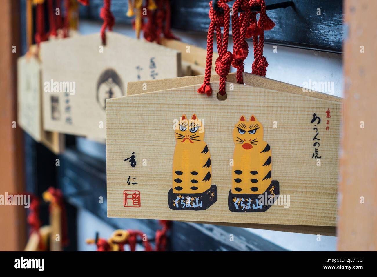 Japanische hölzerne Gebetstafeln oder Ema 絵馬, die in einem Tempel in Kyoto, Japan, hängen und japanische Schriftzeichen zeigen Stockfoto