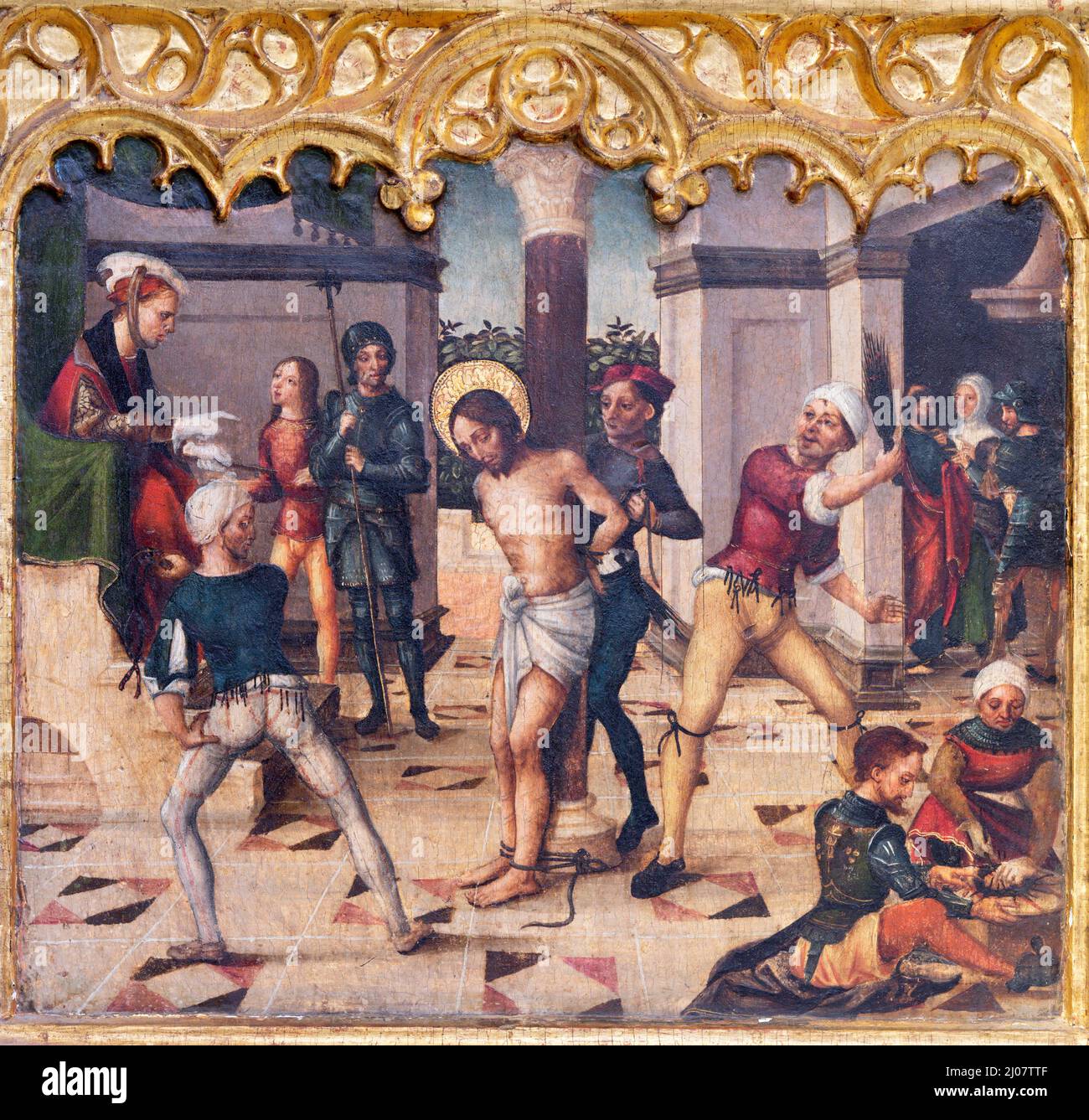 VALENCIA, SPANIEN - 14. FEBRUAR 2022: Das Gemälde der Flagellation auf dem Seitenaltar in der Kathedrale - Basilika der Himmelfahrt unserer Lieben Frau Stockfoto