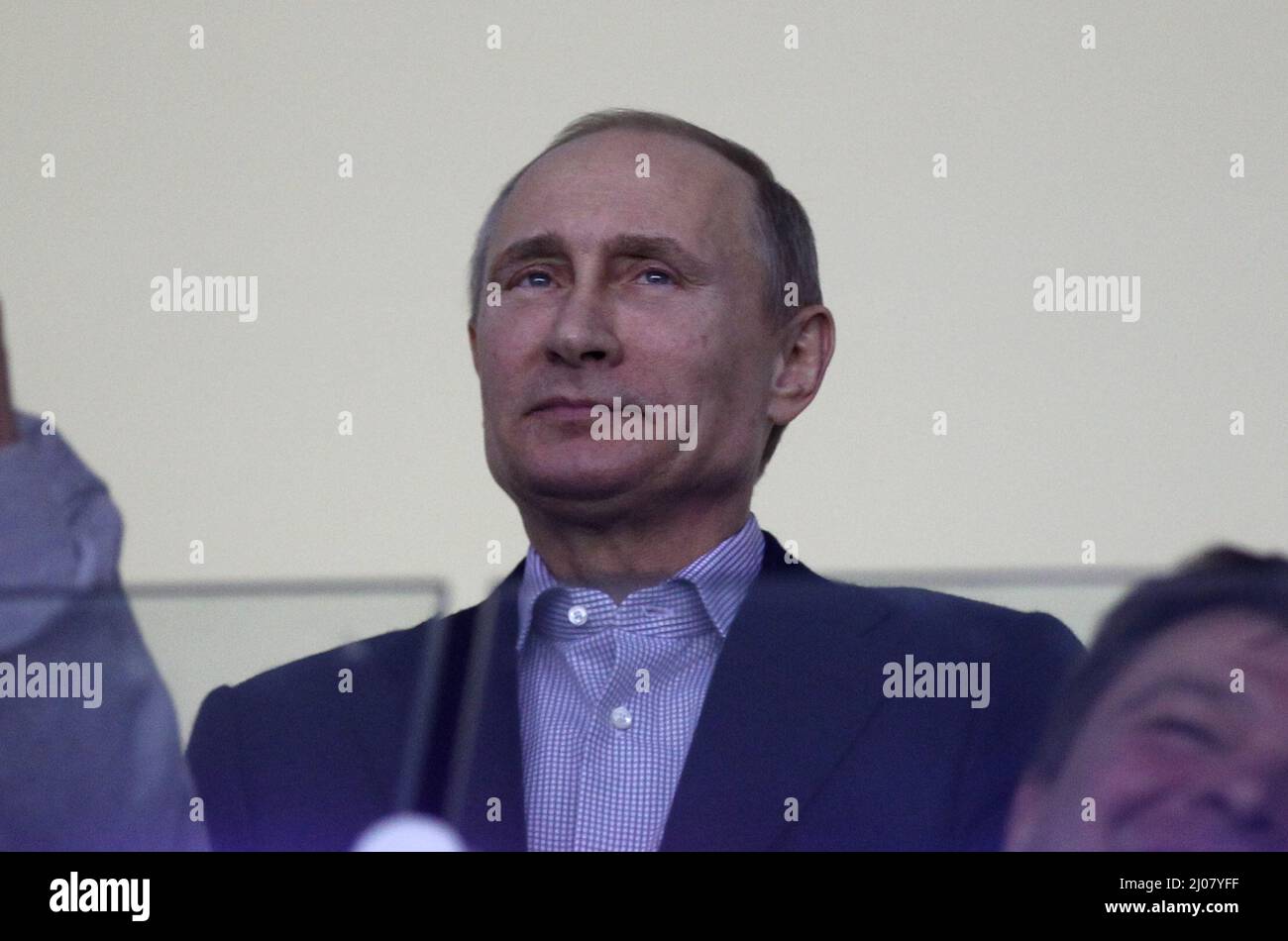 Wladimir Wladimir Putin , Präsident von Russland besuchte das Spiel Eishockey Männer Premilary Round Gruppe A , Spiel 12 Bolshoy Ice Dome USA - RUSSLAND Olympic Games Day 7 XXII Olympische Winterspiele Sotschi 2014 © diebilderwelt / Alamy Stock Stockfoto