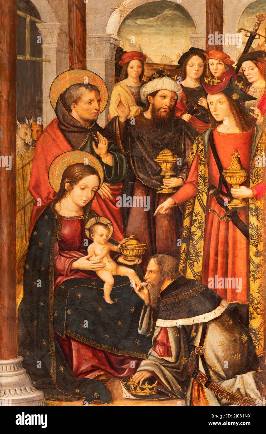 VALENCIA, SPANIEN - 14. FEBRUAR 2022: Das Gemälde von Adoratino von den Weisen auf dem Seitenaltar in der Kathedrale von Vicente Macip von Ende 15. Stockfoto