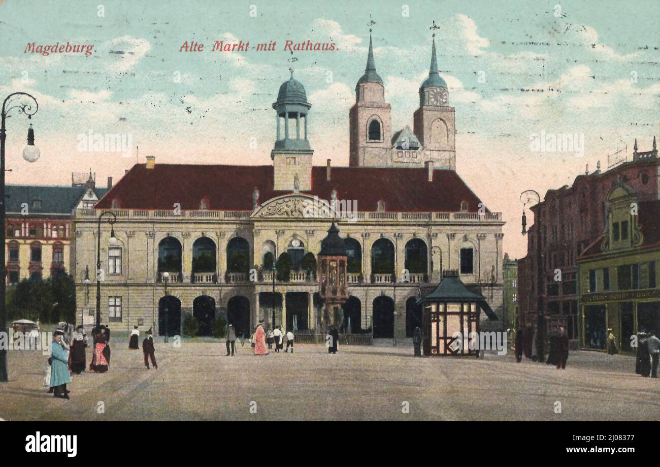 Alter Markt und Rathaus von Magdeburg, Sachsen-Anhalt, Deutschland, Ansicht um ca 1910, digitale Produktion einer historischen Postkarte, Public Domain, aus der damischen Zeit, genau Datum unbekannt Stockfoto
