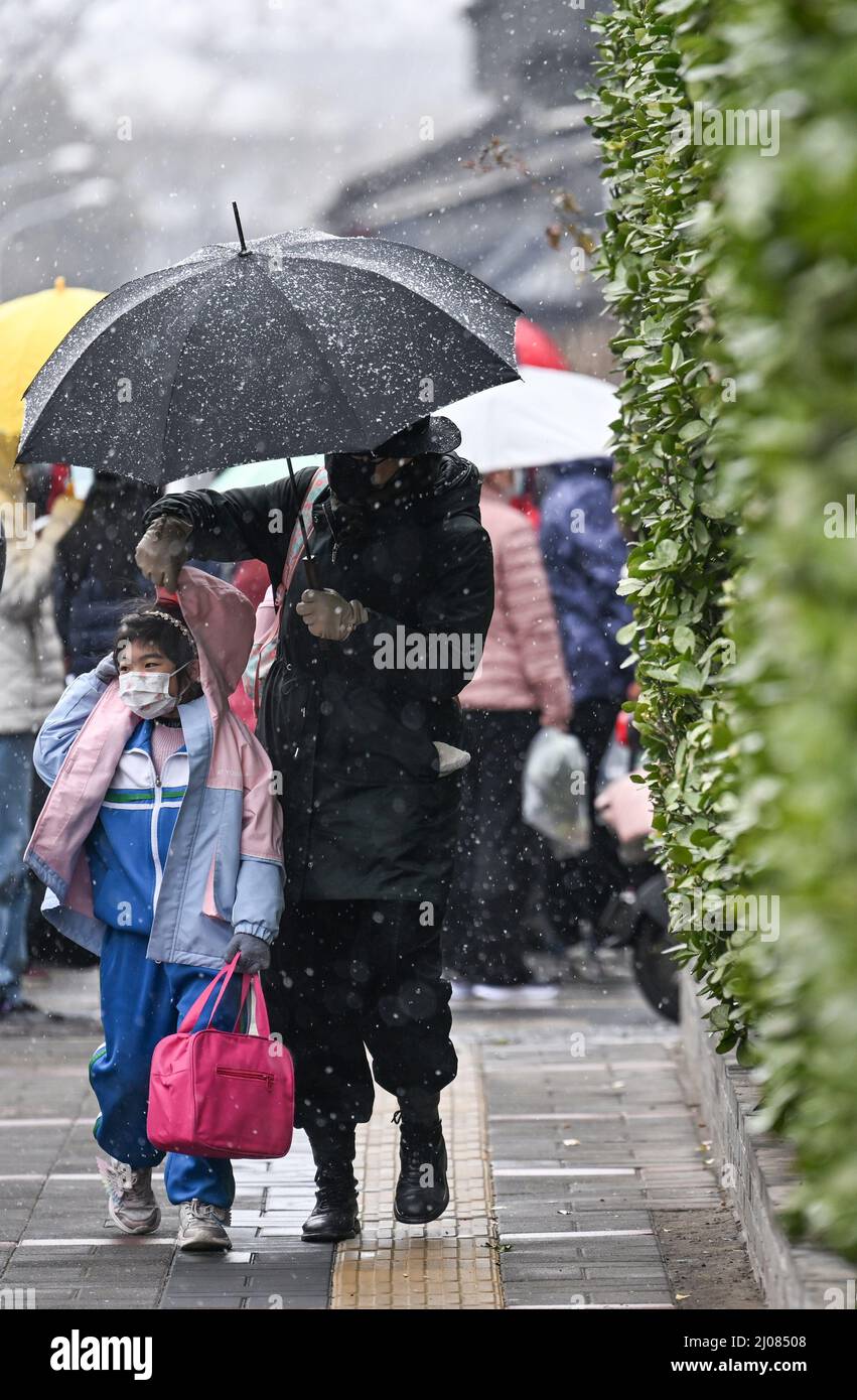 (220317) -- PEKING, 17. März 2022 (Xinhua) -- Menschen laufen im Schnee in Peking, der Hauptstadt Chinas, 17. März 2022. Chinas meteorologische Behörden gaben am Donnerstag eine blaue Warnung für schweren Schnee im nördlichen Teil des Landes aus. (Xinhua/Chen Yehua) Stockfoto