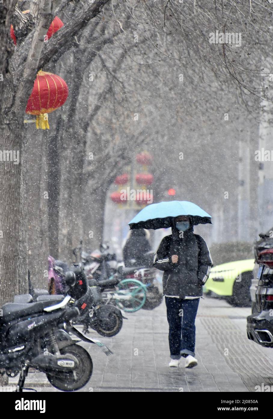 (220317) -- PEKING, 17. März 2022 (Xinhua) -- Menschen laufen im Schnee in Peking, der Hauptstadt Chinas, 17. März 2022. Chinas meteorologische Behörden gaben am Donnerstag eine blaue Warnung für schweren Schnee im nördlichen Teil des Landes aus. (Xinhua/Li Xin) Stockfoto