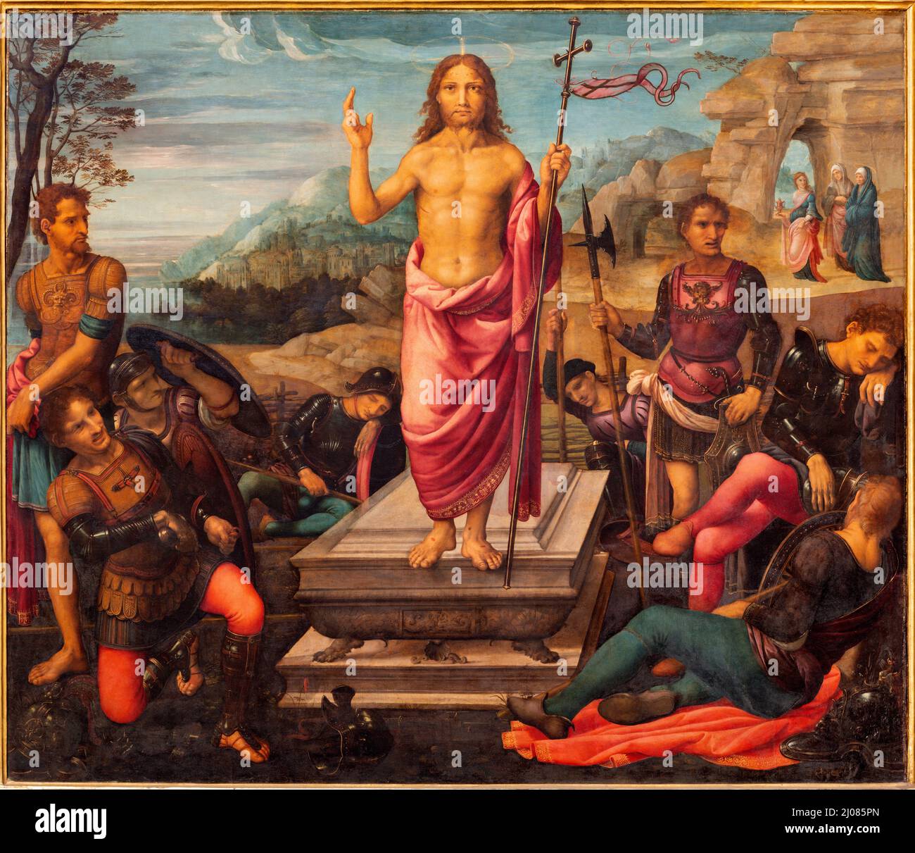 VALENCIA, SPANIEN - 14. FEBRUAR 2022: Das Gemälde Auferstehung Jesu auf dem Hauptaltar in der Kathedrale von Fernando Yanez de la Almedina Stockfoto