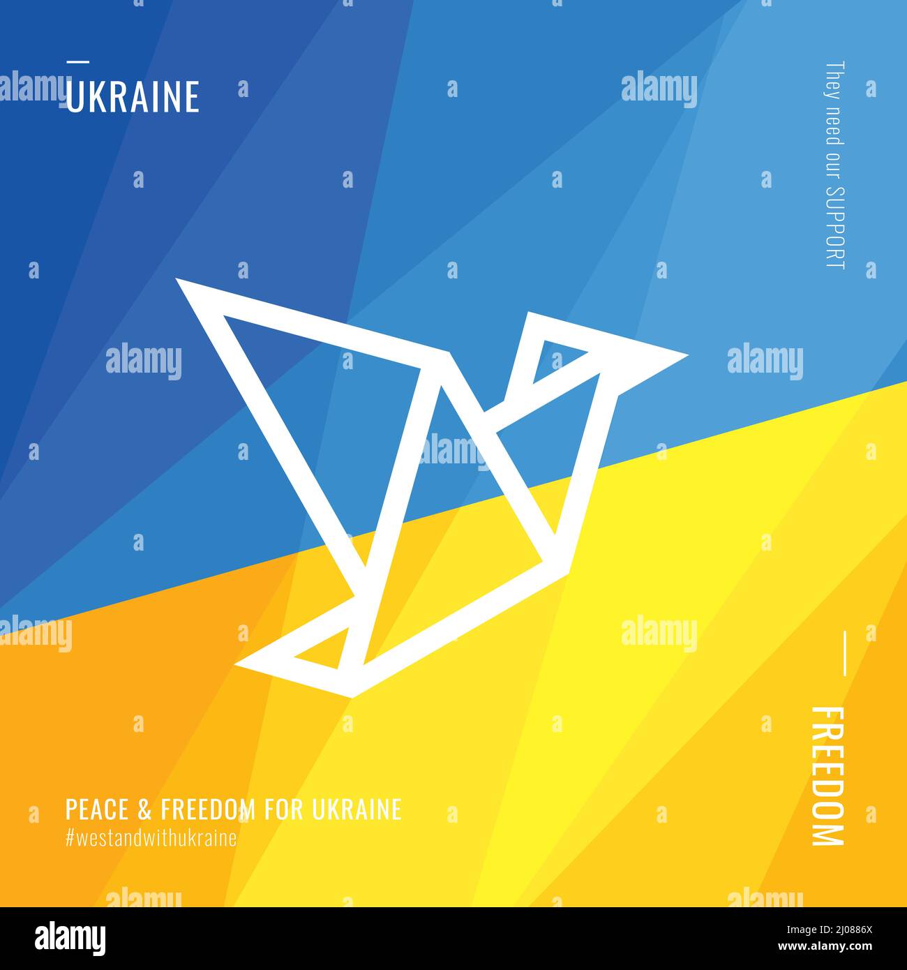 Frieden und Freiheit. Unterstützung für die Ukraine. Vogelflug. Blau gelbe abstrakte Hintergründe. Banner-Vorlage. Vektor Stock Vektor