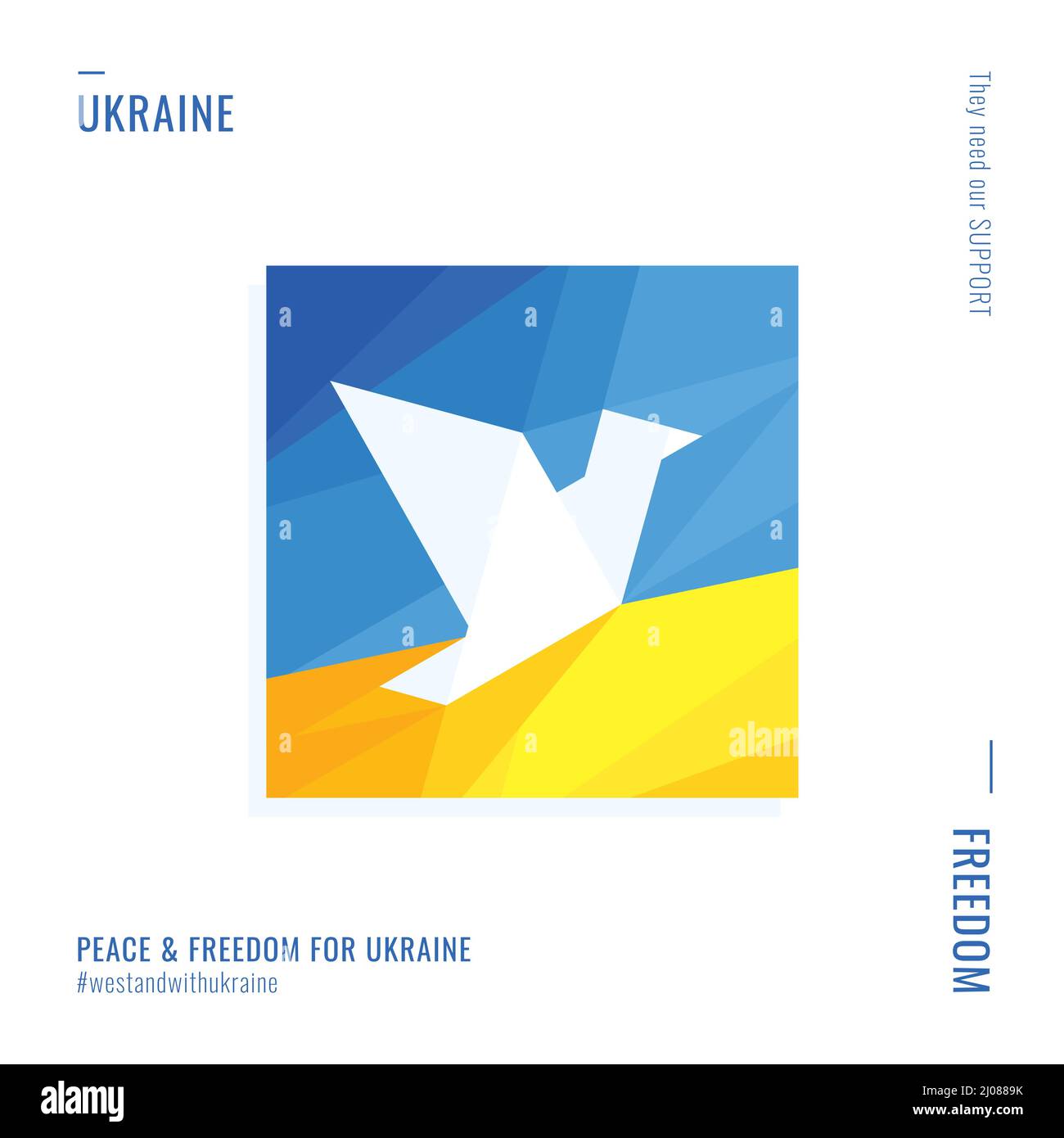 Frieden und Freiheit. Unterstützung für die Ukraine. Blau gelbe abstrakte Hintergründe. Vogel fliegt am Himmel. Banner-Vorlage. Vektor Stock Vektor