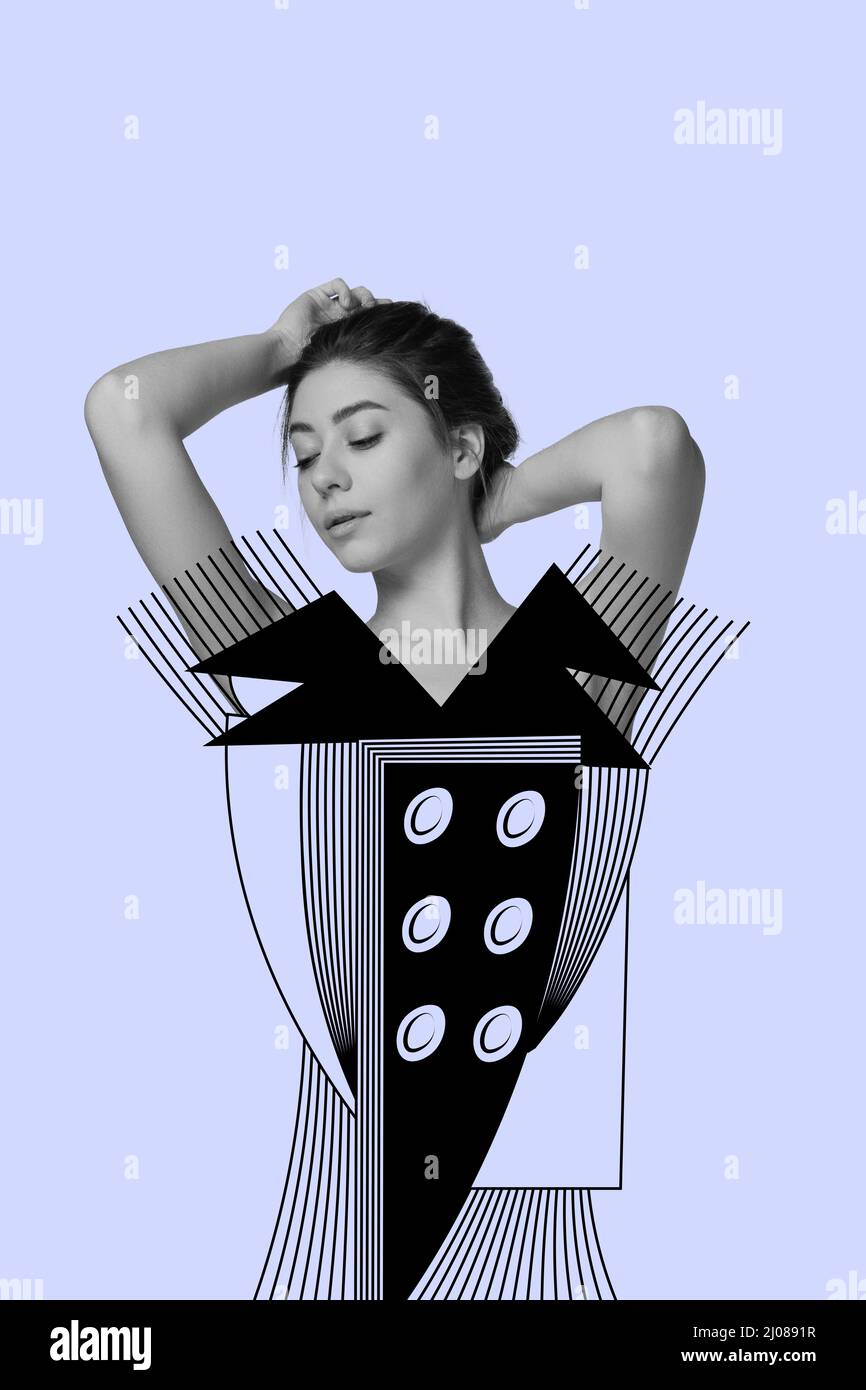 Collage zeitgenössischer Kunst. Junge schöne Frau mit gezeichneten Anzug in Linie Art Design posiert isoliert auf blauem Hintergrund Stockfoto