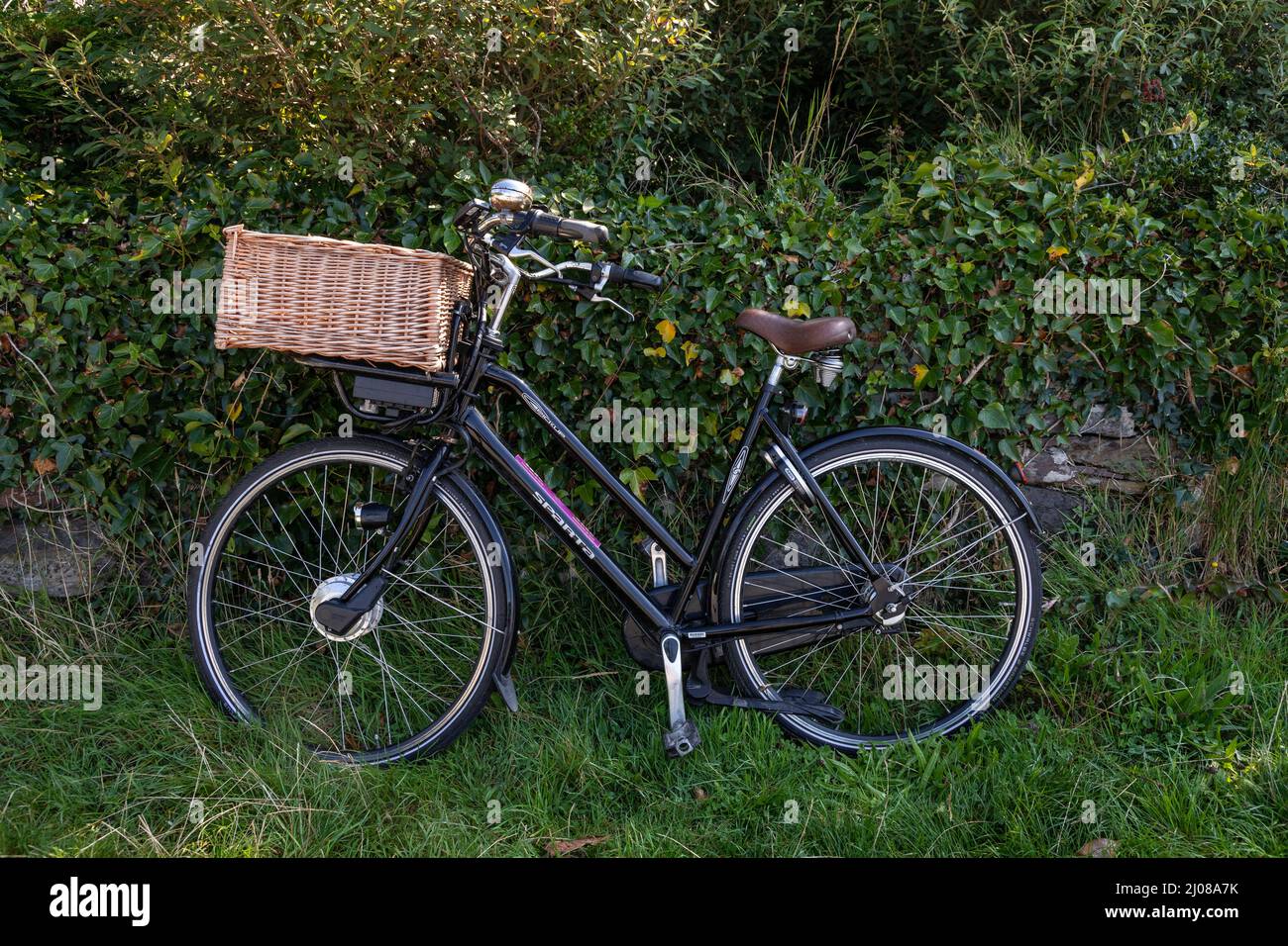 Traditionelles Design-Fahrrad, das sich an einer alten Steinwand lehnt Stockfoto