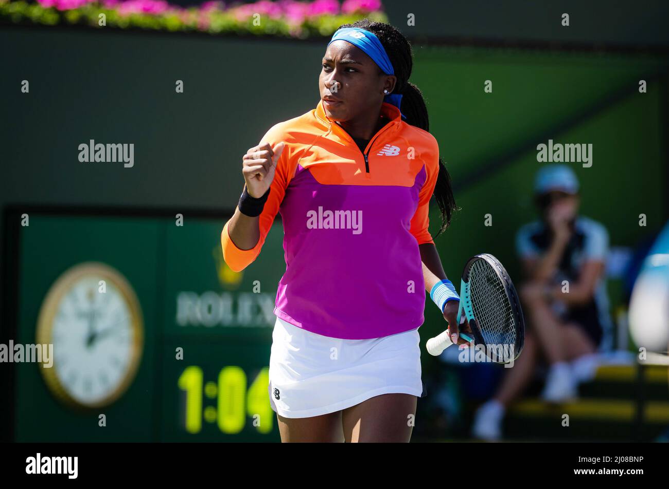 Cori Gauff aus den Vereinigten Staaten spielt am 16. März 2022 im Indian Wells Tennis Garden in Indian Wells, USA, beim Tennisturnier WTA 1000 der BNP Paribas Open im Jahr 2022 Doppel - Foto: Rob Prange/DPPI/LiveMedia Stockfoto