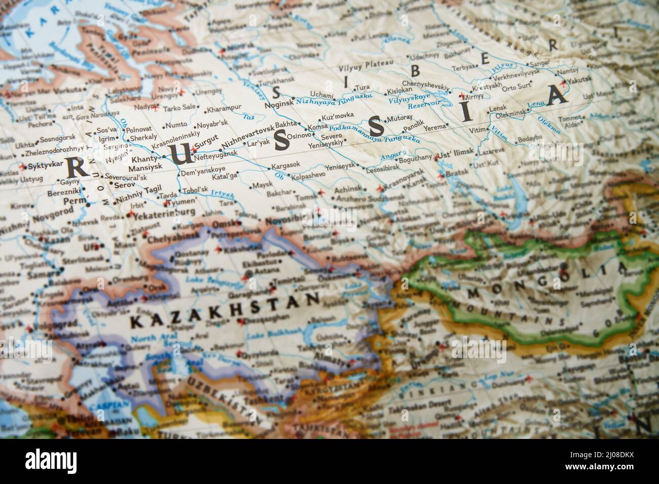 Nahaufnahme der Karte mit Fokus auf Russland Stockfoto