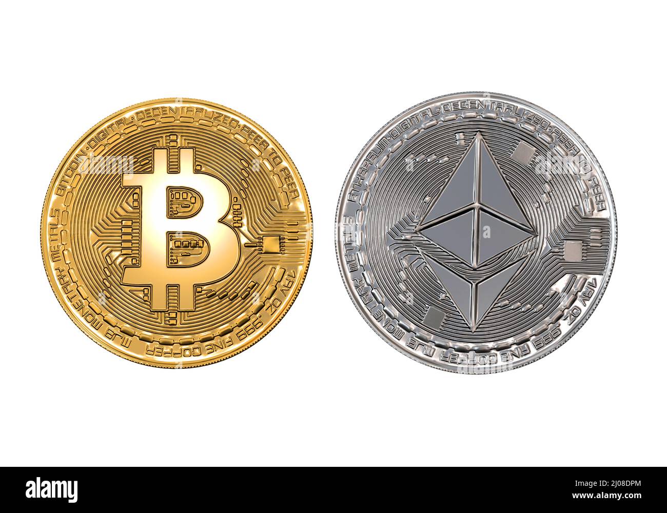 Bitcoin- und Äther-Münzen auf weißem Hintergrund Stockfoto