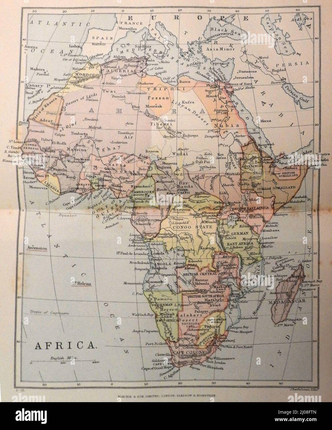 Eine Karte aus dem späten 19.. Jahrhundert von Afrika mit vielen alten ehemaligen Namen und Grenzen/Grenzen. Stockfoto