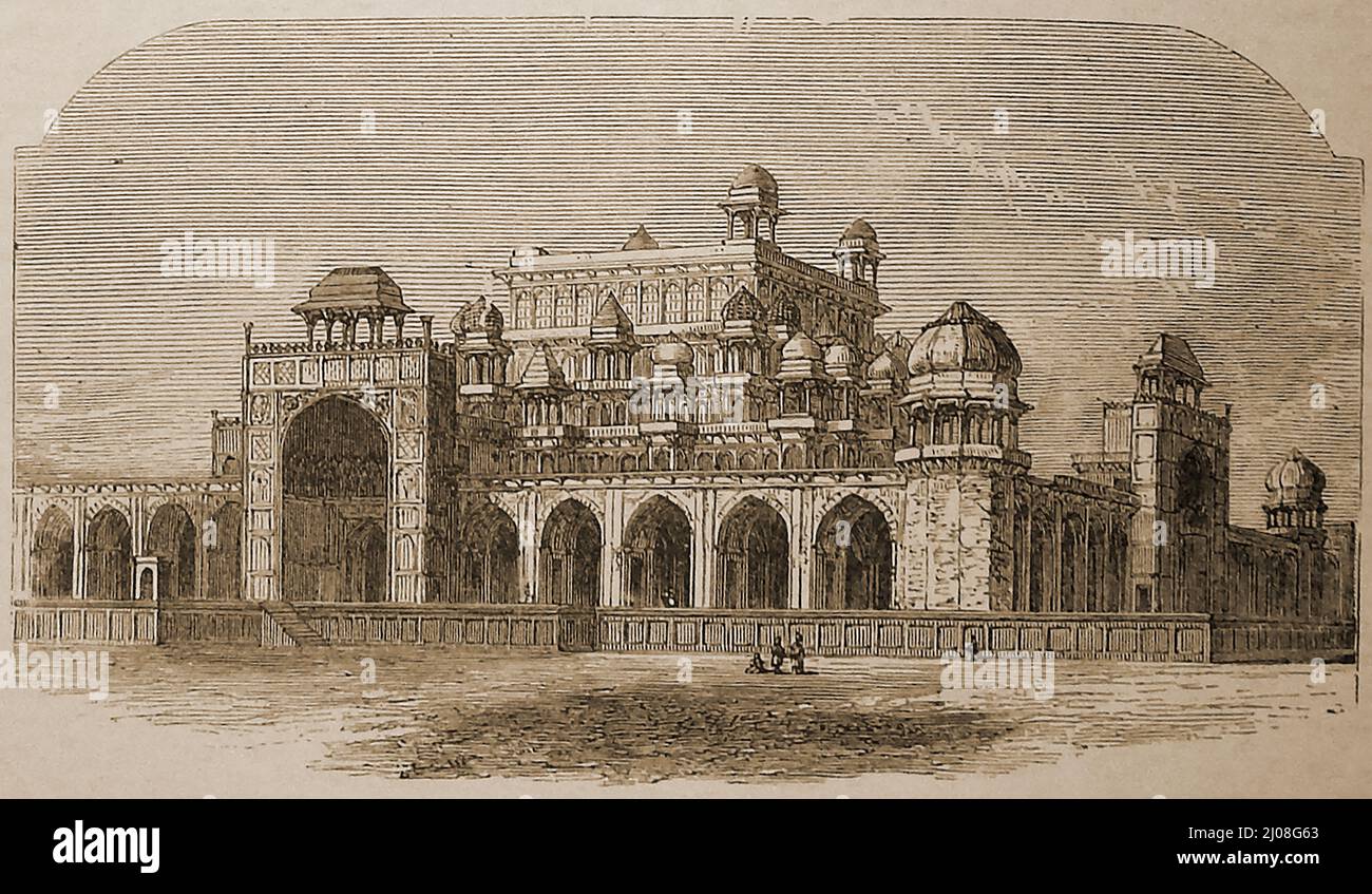 Ein Stich aus dem Jahr 1893 des Mausoleums des Imperators Akbar in Secundra. Das Grab des Moghul-Kaiser Akbar wurde zwischen 1605 und 1613 von seinem Sohn Jahangir gebaut und befindet sich in 119 Hektar Land in Sikandra, einem Vorort von Agra, Uttar Pradesh, Indien. Stockfoto