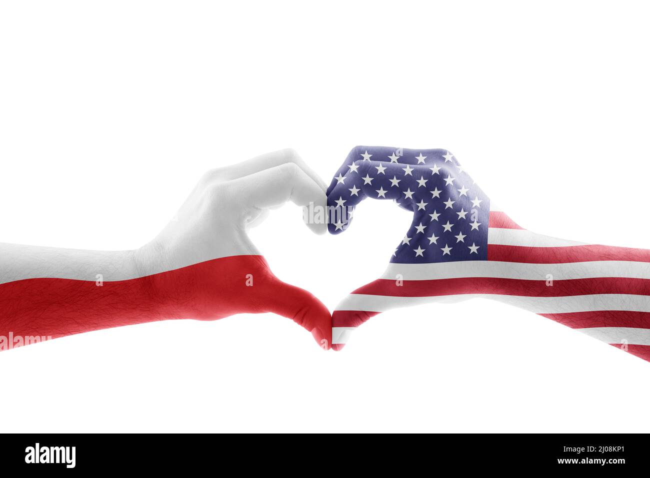 Zwei Hände in Herzform mit polnischer und US-Flagge isoliert auf weißem Hintergrund mit Clipping-Pfad Stockfoto
