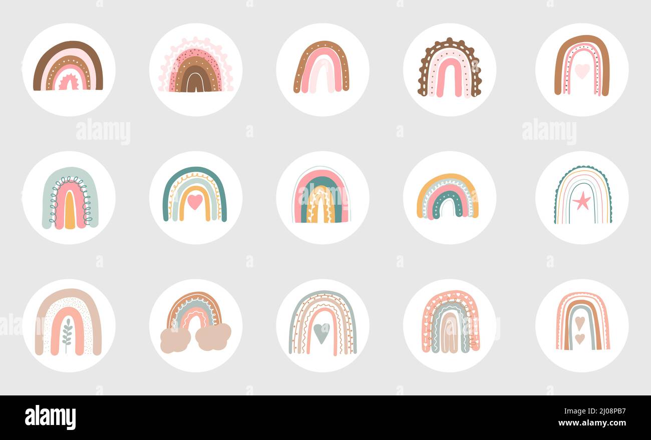 Heben Sie die Abdeckungen hervor. Moderne Icon-Kollektion. Runde Symbole für Geschichten aus sozialen Medien. Vektorset. Stock Vektor