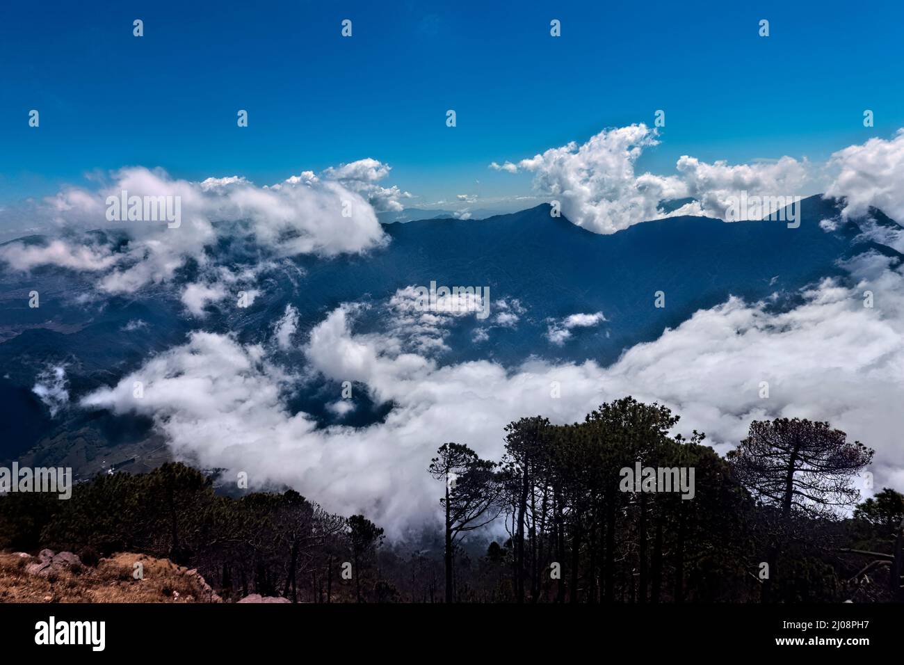 Wolken Rollen in das Tal unterhalb des Vulkans Santa Maria, Quetzaltenango, Guatemala Stockfoto