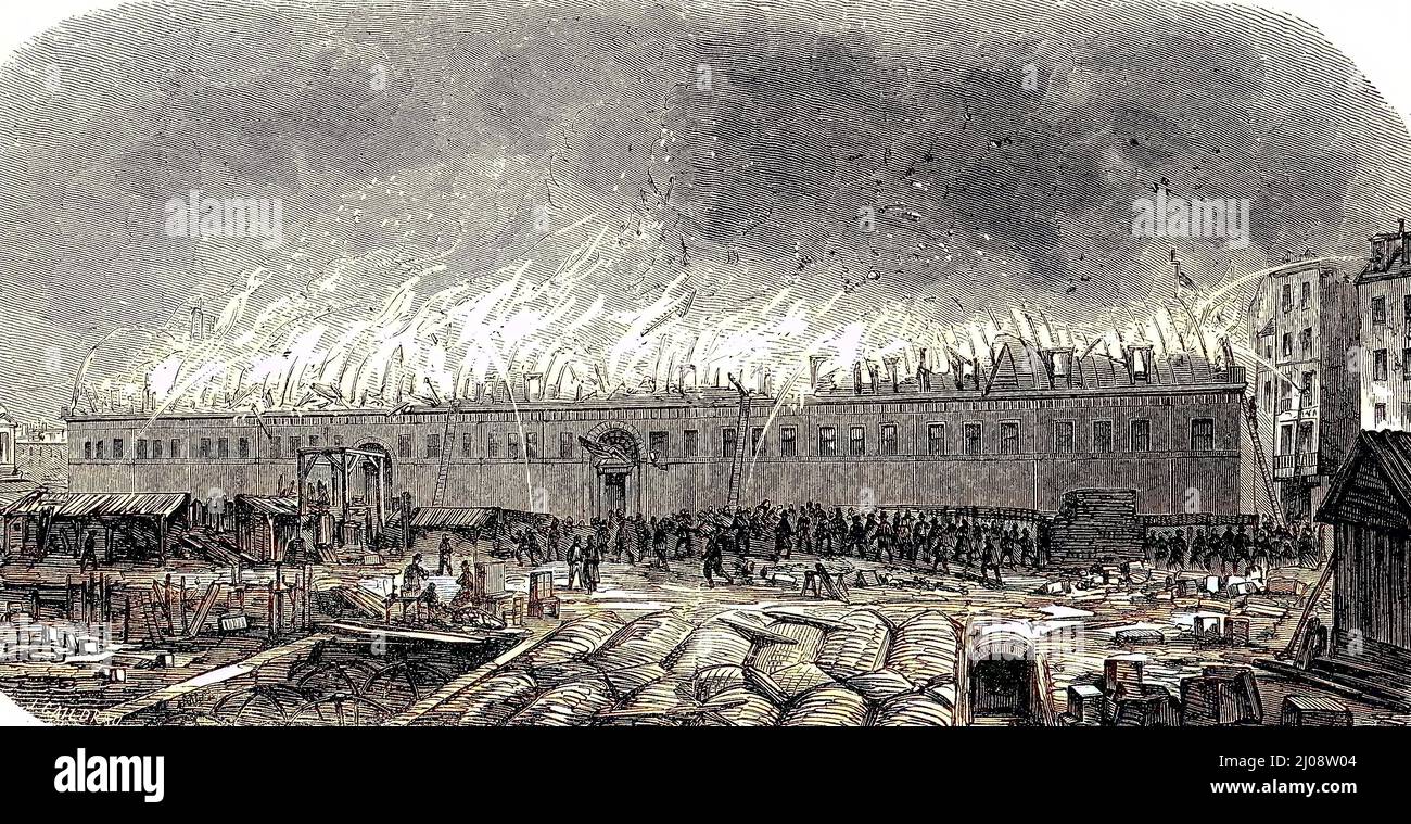 Tuchhalle oder Leinenhalle von Paris, Frankreich, das Feuer im Jahr 1855, conflaglation / Tuchhalle oder Leinenhalle von Paris, Frankreich, der Brand im Jahr 1855, Feuersbrunst, historisch, C:CC5historical, digital verbesserte Reproduktion eines Originals aus dem 19.. Jahrhundert / digitale Produktion einer Originalvorlage aus dem 19. Jahrhundert, Originaldatum nicht bekannt Stockfoto
