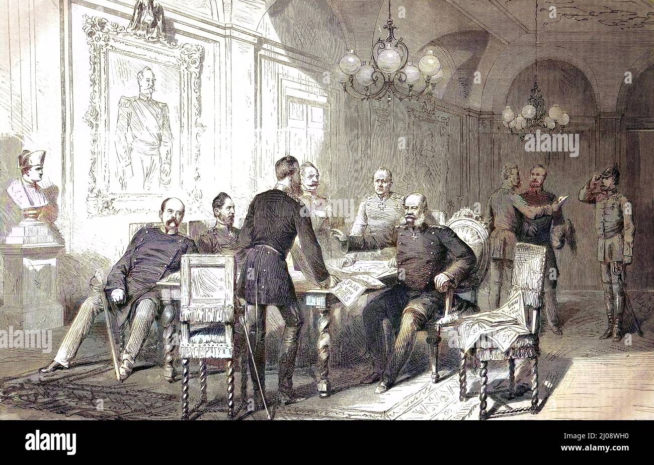 Militärrat im Präfekturgebäude von Versailles, am 6. Dezember 1870, von links nach rechts, Bismarck, von Blumenthal, Kronprinz Friedrich Wilhelm, v. Chr. Roon, v. Moltke und König Wilhelm I., Frankreich, Deutsch-Französischer Krieg 1870/71 / Militärrat im Präfekturgebäude in Versailles, am 6. Dezember 1870, von links nach rechts, Bismarck, von Blumenthal, Kronprinz Friedrich Wilhelm, v. Chr. Roon, v. Moltke und König Wilhelm I., Frankreich, Deutsch-Französischer Krieg 1870/71, historisch, C:CC5historical, Digital verbesserte Reproduktion eines Originals aus dem 19.. Jahrhundert / digitale Produktion Stockfoto
