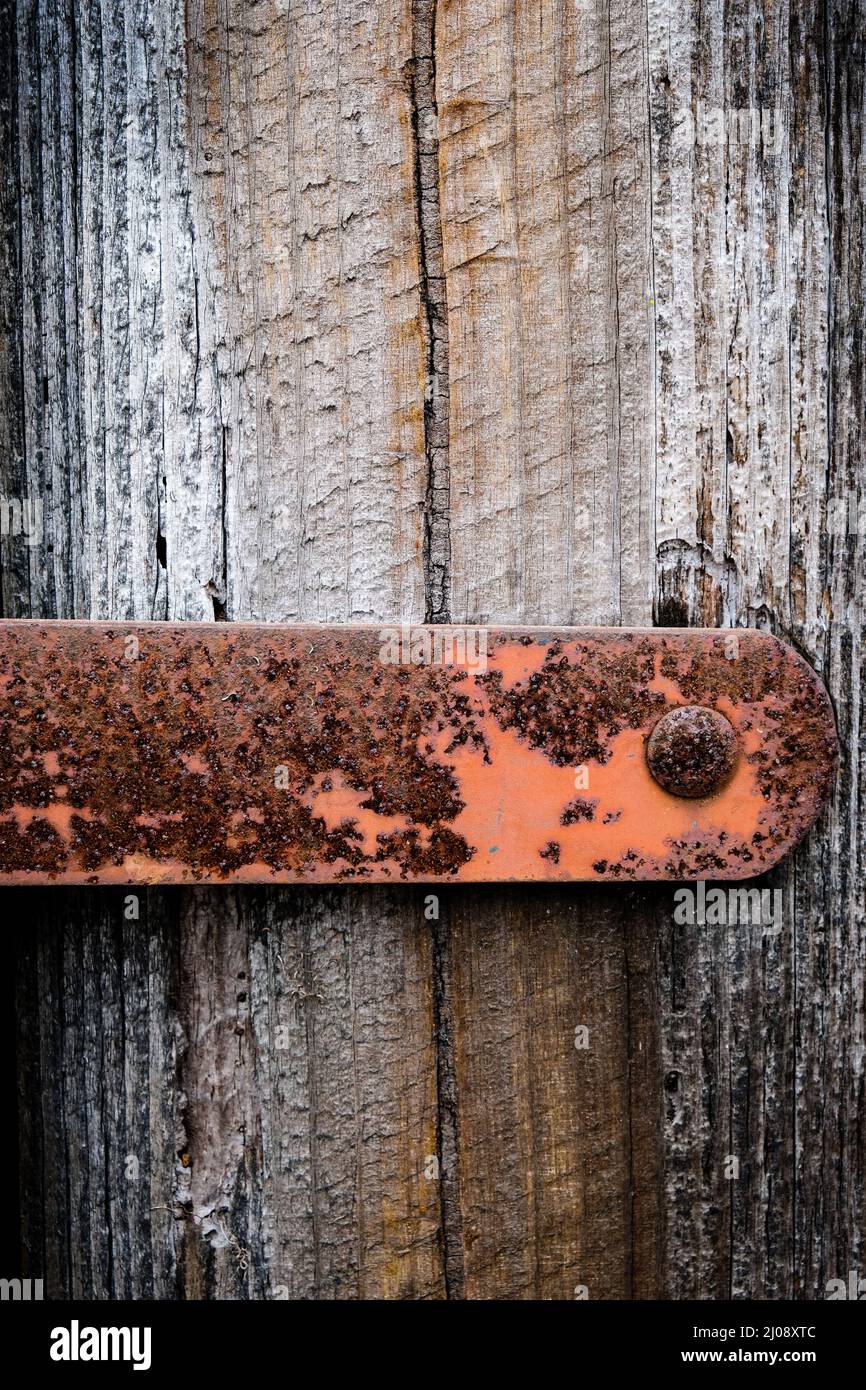 Verwitterter Eisenstreifen mit Niete an alter Holztür. Rostige Details. Stockfoto