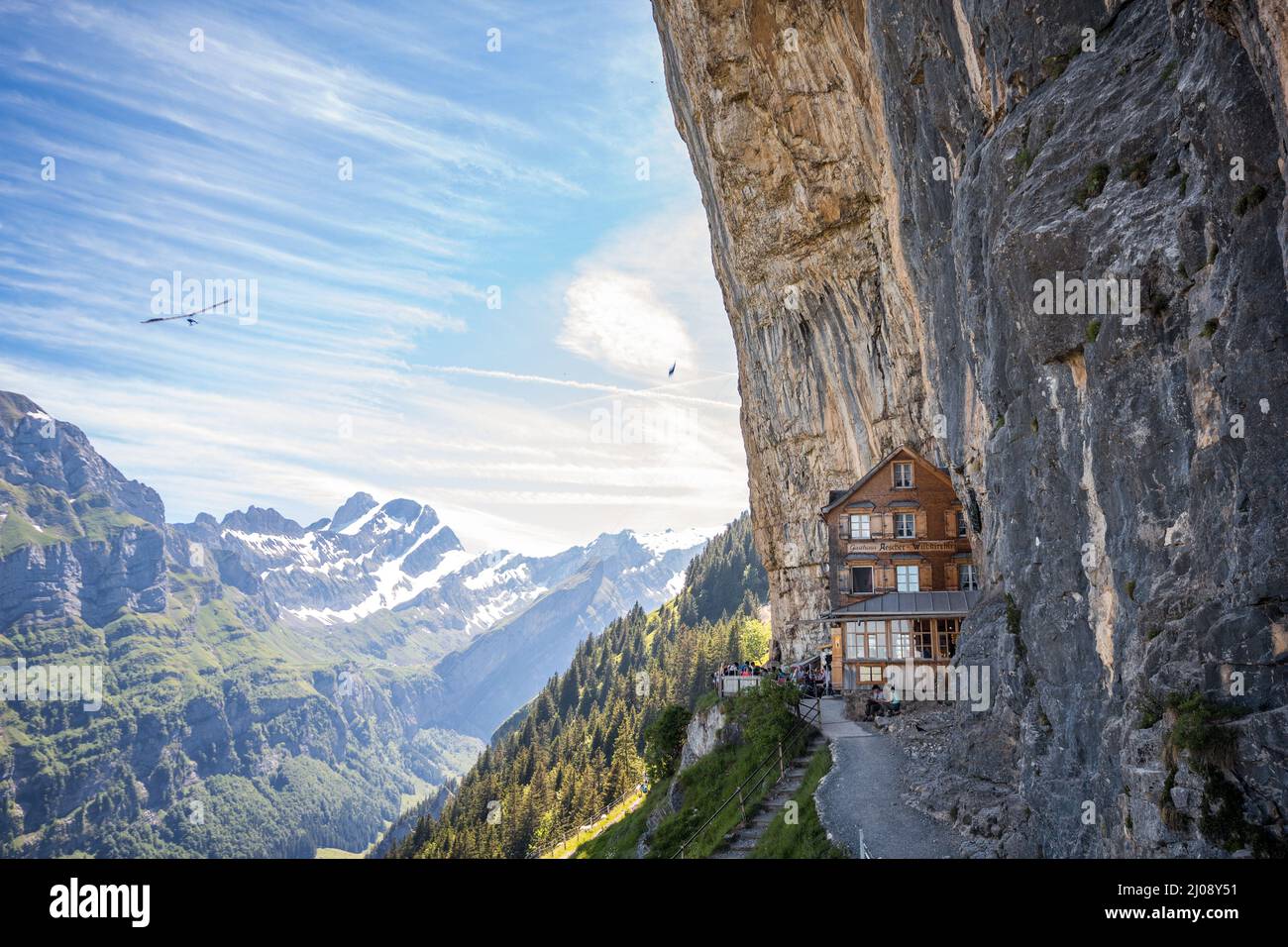 Ebenalp mit dem berühmten Steilgasthof Aescher - eine attraktive Erholungsbergregion im Kanton Appenzell, Schweiz Stockfoto