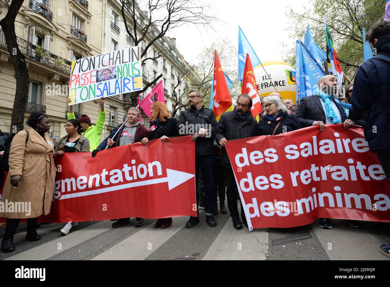 Mobilisierung zwischen den Berufstäten in Paris auf den Aufruf der CGT und der UNSA zu Lohnerhöhungen. Etwa 5000 Menschen marschierten vom Place de la République aus Stockfoto