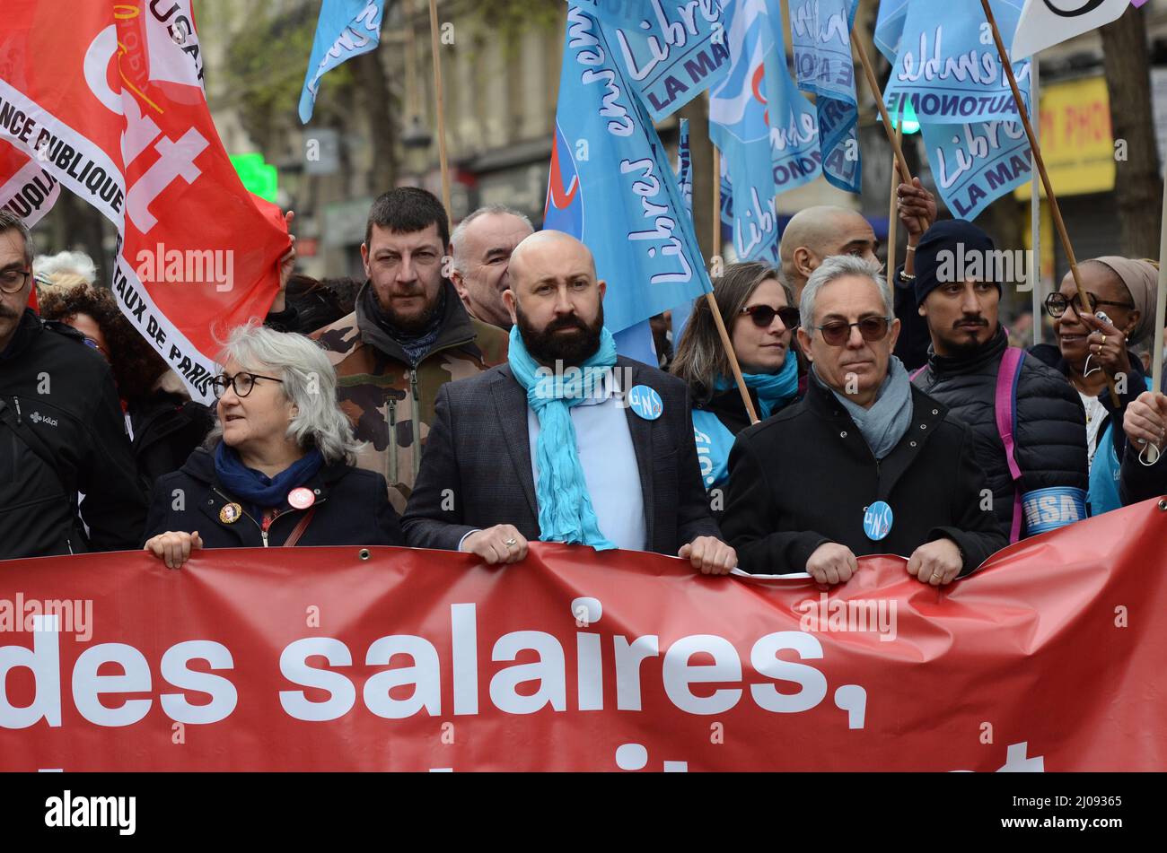 Mobilisierung zwischen den Berufstäten in Paris auf den Aufruf der CGT und der UNSA zu Lohnerhöhungen. Etwa 5000 Menschen marschierten vom Place de la République aus Stockfoto