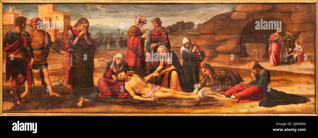 VALENCIA, SPANIEN - 14. FEBRUAR 2022: Das Renaissance-Gemälde von Jesus, der vom Kreuz in der Kathedrale abgesetzt wurde, von Fernando Yanez de la Almedina Stockfoto