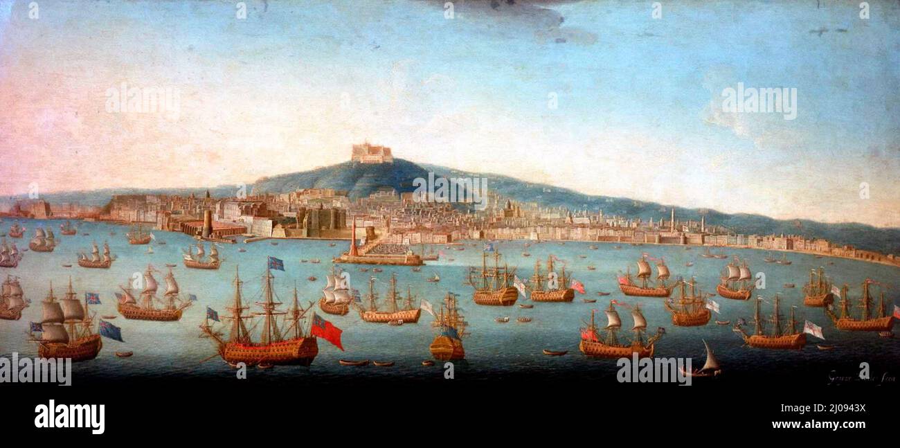 Blick auf die Bucht von Neapel mit Admiral Byngs Flotte bei Anchor, 1. August 1718. Stockfoto