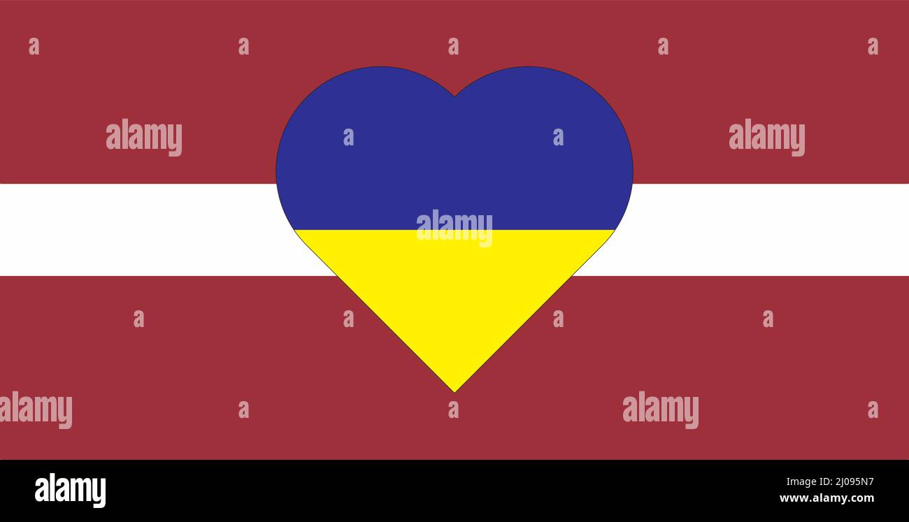 Ein Herz, das in den Farben der Flagge der Ukraine auf der Flagge Lettlands gemalt ist. Darstellung eines blauen und gelben Herzens auf dem nationalen Symbol. Stock Vektor