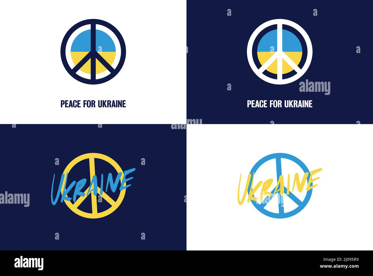 Stilisiertes Friedenszeichen über ukrainischer Flagge, editierbarer moderner Vektor. Frieden für die Ukraine Illustration Set. Stock Vektor