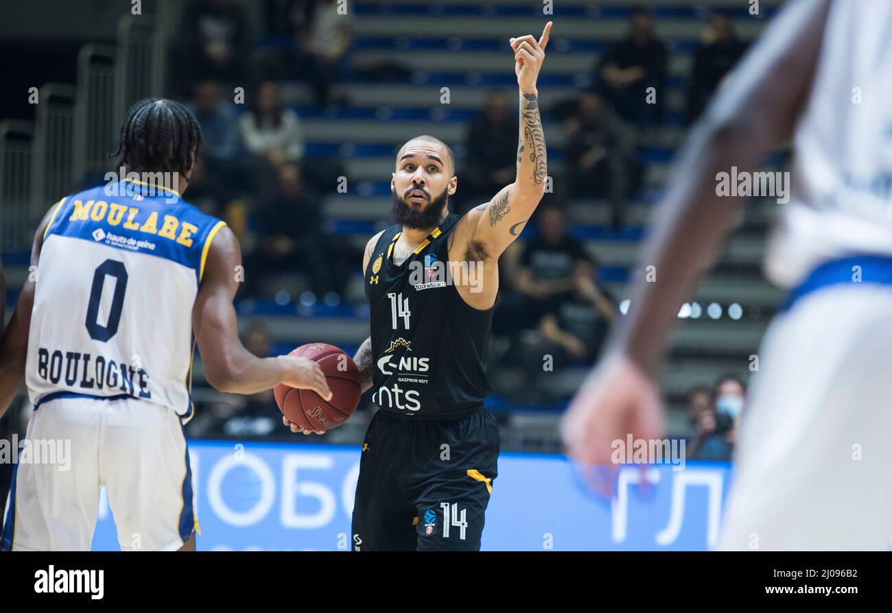 Belgrad, Serbien, 16.. März 2022. Dallas Moore von Partizan Nis Belgrade Gesten während des EuroCup-Basketballmatches zwischen Partizan Nis Belgrade und Boulogne Metropolitans 92 in Belgrad, Serbien. 16. März 2022. Kredit: Nikola Krstic/Alamy Stockfoto