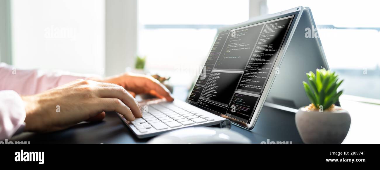 Männlicher Softwareentwickler, Der Code Auf Dem Laptop Eingibt Stockfoto