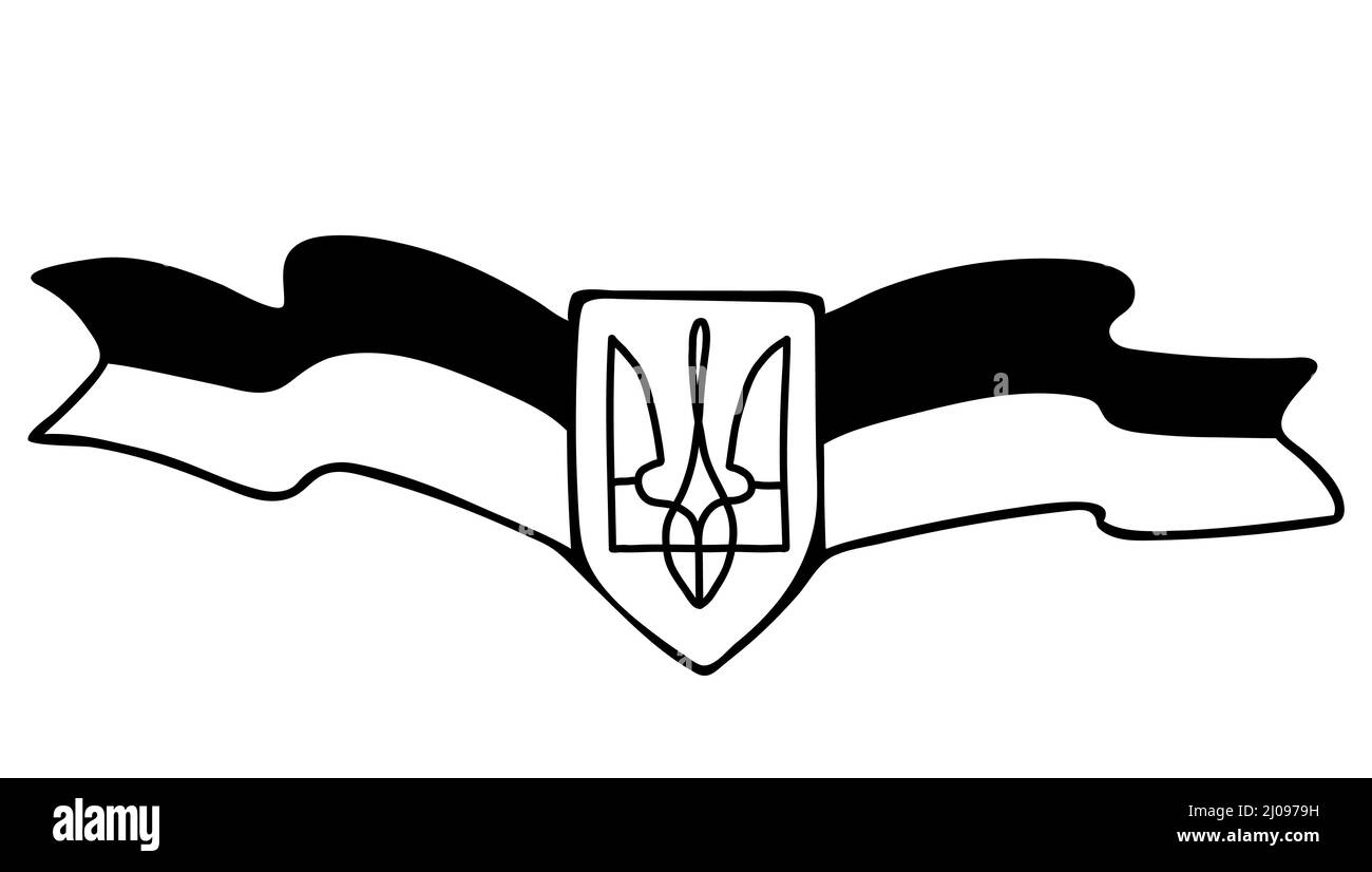 Ukrainisches Symbol. Wappen des Landes ist Dreizack und Flagge. Vektorgrafik. Handgezeichneter linearer Doodle. Für Design und Dekoration von Ukrainisch Stock Vektor