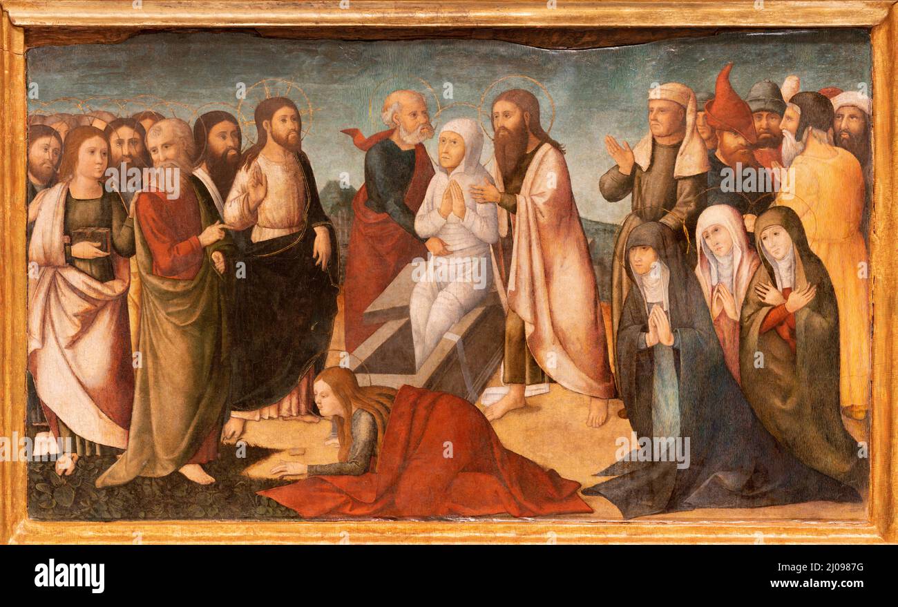 VALENCIA, SPANIEN - 14. FEBRUAR 2022: Das Gemälde der Auferstehung des Lazarus in der Kathedrale - Basilika zur Himmelfahrt der Muttergottes Stockfoto