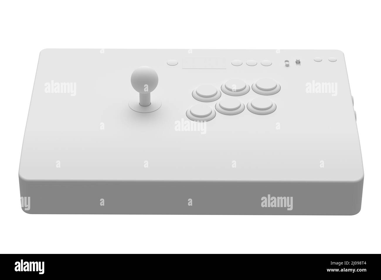 Vintage Arcade-Stick mit Joystick und Turnier-Tasten isoliert auf weißem monochromen Hintergrund. 3D Rendering von Gaming-Maschine und Gamer Workspa Stockfoto