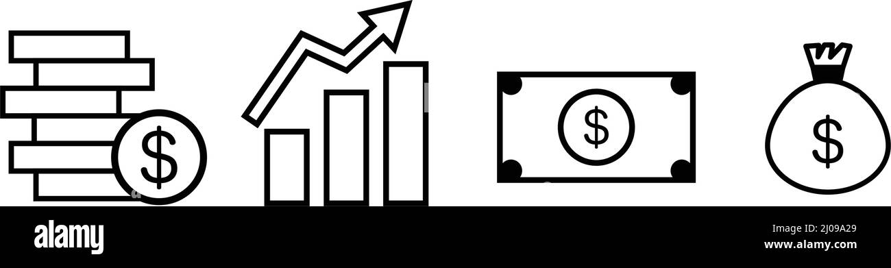 Icon Set von Dollar-Münzen, Balkendiagramme, Dollar-Scheine und Taschen von Dollar. Bearbeitbarer Vektor. Stock Vektor