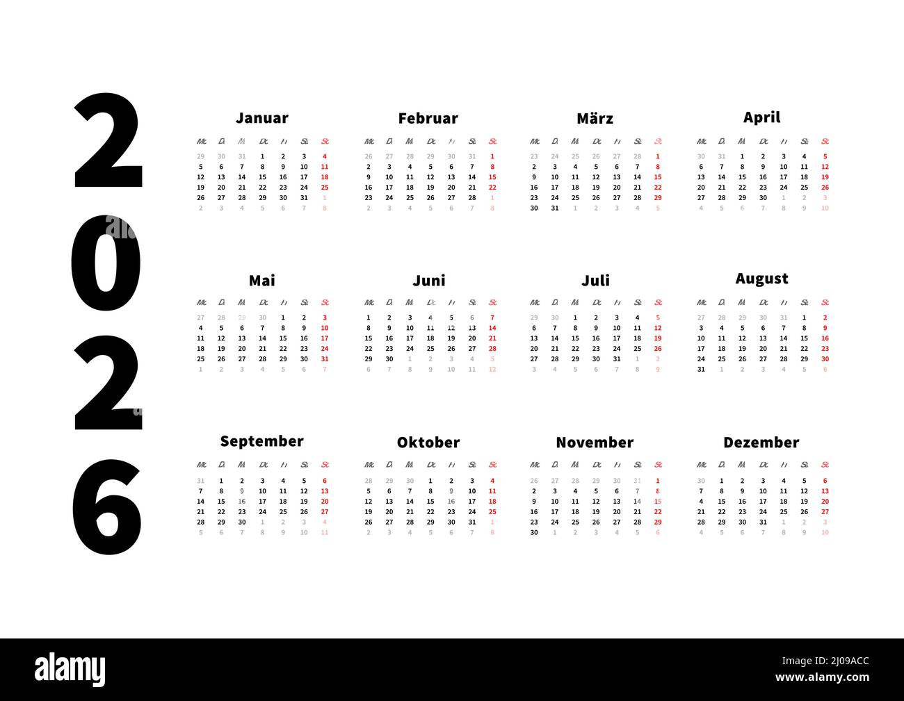 2026 Jahre einfacher horizontaler Kalender in deutscher Sprache, typografischer Kalender isoliert auf Weiß Stock Vektor
